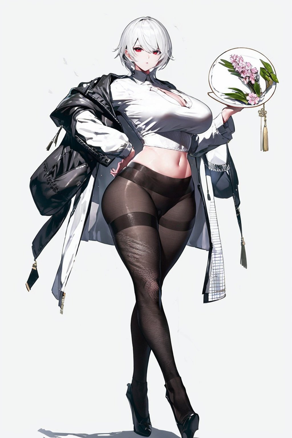 White color tone and background. masterpiece,best quality,1girl,high heels, looking at viewer, ,standing,looking at viewer, thick thighs, wide hips, Chinese art,white oiled fishnet pantyhose,Update,big_breasts and shirt jacket,Real,Lighting,Detail,细节,优化, <lora:EMS-13720-EMS:0.8>, <lora:EMS-14488-EMS:0.6>, <lora:EMS-14413-EMS:0.8>, <lora:EMS-20686-EMS:0.8>