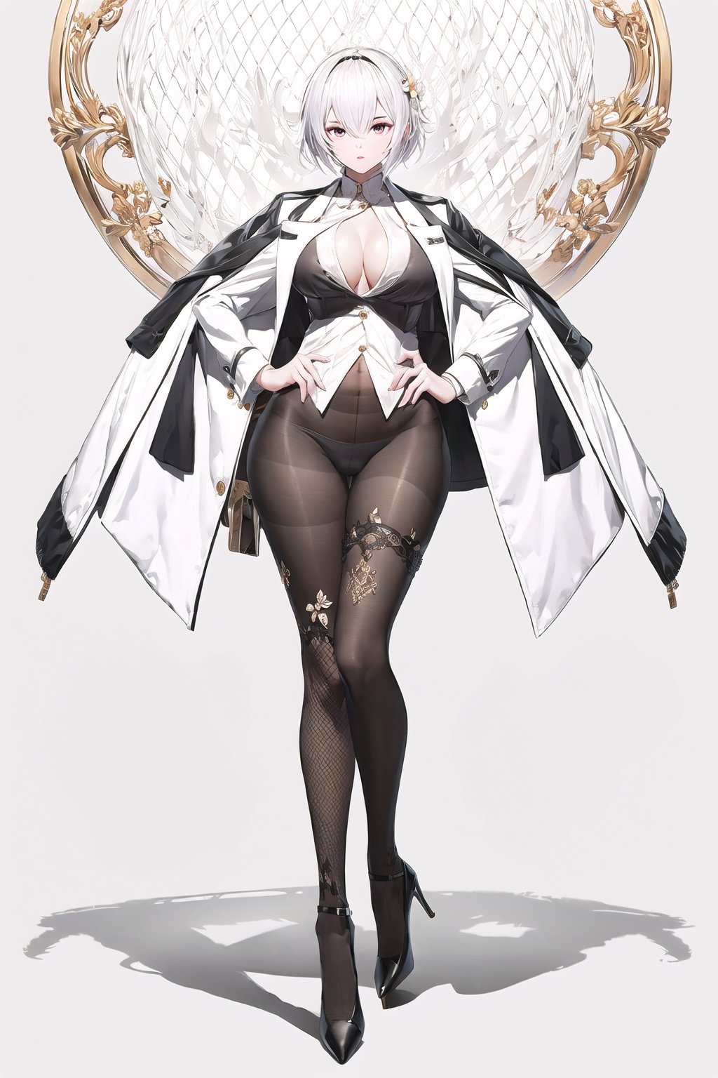 White color tone and background. masterpiece,best quality,1girl,high heels, looking at viewer, ,standing,looking at viewer, thick thighs, wide hips, Chinese art,white oiled fishnet pantyhose,Update,big_breasts and shirt jacket,Real,Lighting,Detail,细节,优化, <lora:EMS-13720-EMS:0.8>, <lora:EMS-14488-EMS:0.6>, <lora:EMS-14413-EMS:0.8>, <lora:EMS-20686-EMS:0.8>