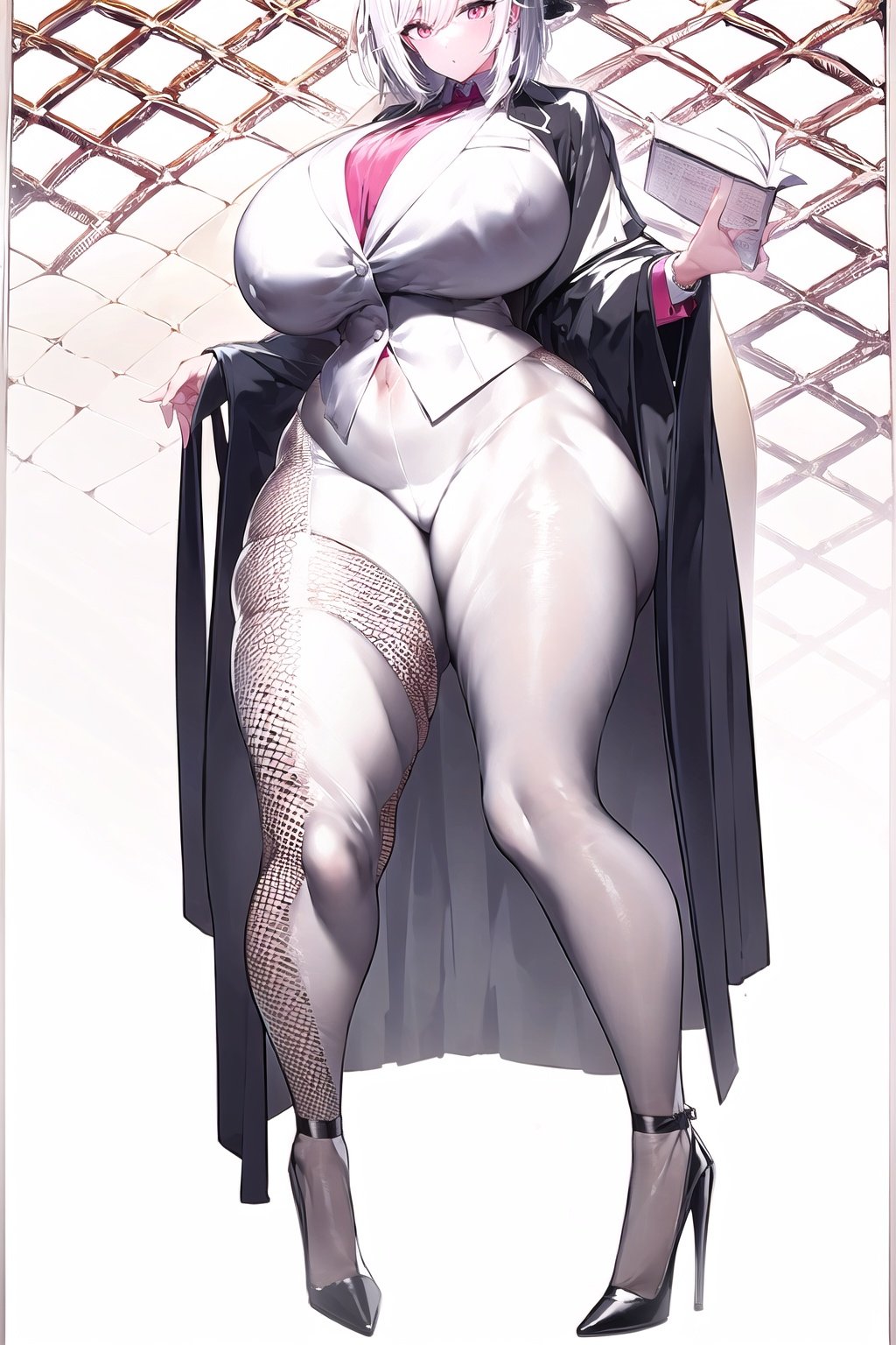 White color tone and background. masterpiece,best quality,1girl,high heels, looking at viewer, ,standing,looking at viewer, thick thighs, wide hips, Chinese art,white oiled fishnet pantyhose,Update,big_breasts and shirt jacket,Real,Lighting,Detail,细节,优化, <lora:EMS-13720-EMS:0.8>, <lora:EMS-14488-EMS:0.6>, <lora:EMS-14413-EMS:0.8>, <lora:EMS-20686-EMS:0.8>