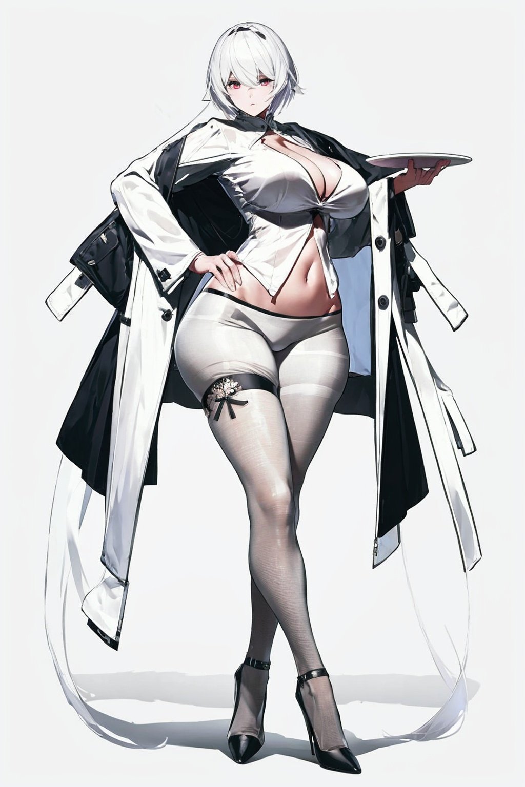 White color tone and background. masterpiece,best quality,1girl,high heels, looking at viewer, ,standing,looking at viewer, thick thighs, wide hips, Chinese art,white oiled fishnet pantyhose,Update,big_breasts and shirt jacket,Real,Lighting,Detail,细节,优化, <lora:EMS-13720-EMS:0.8>, <lora:EMS-14488-EMS:0.6>, <lora:EMS-14413-EMS:0.8>, <lora:EMS-20686-EMS:0.8>