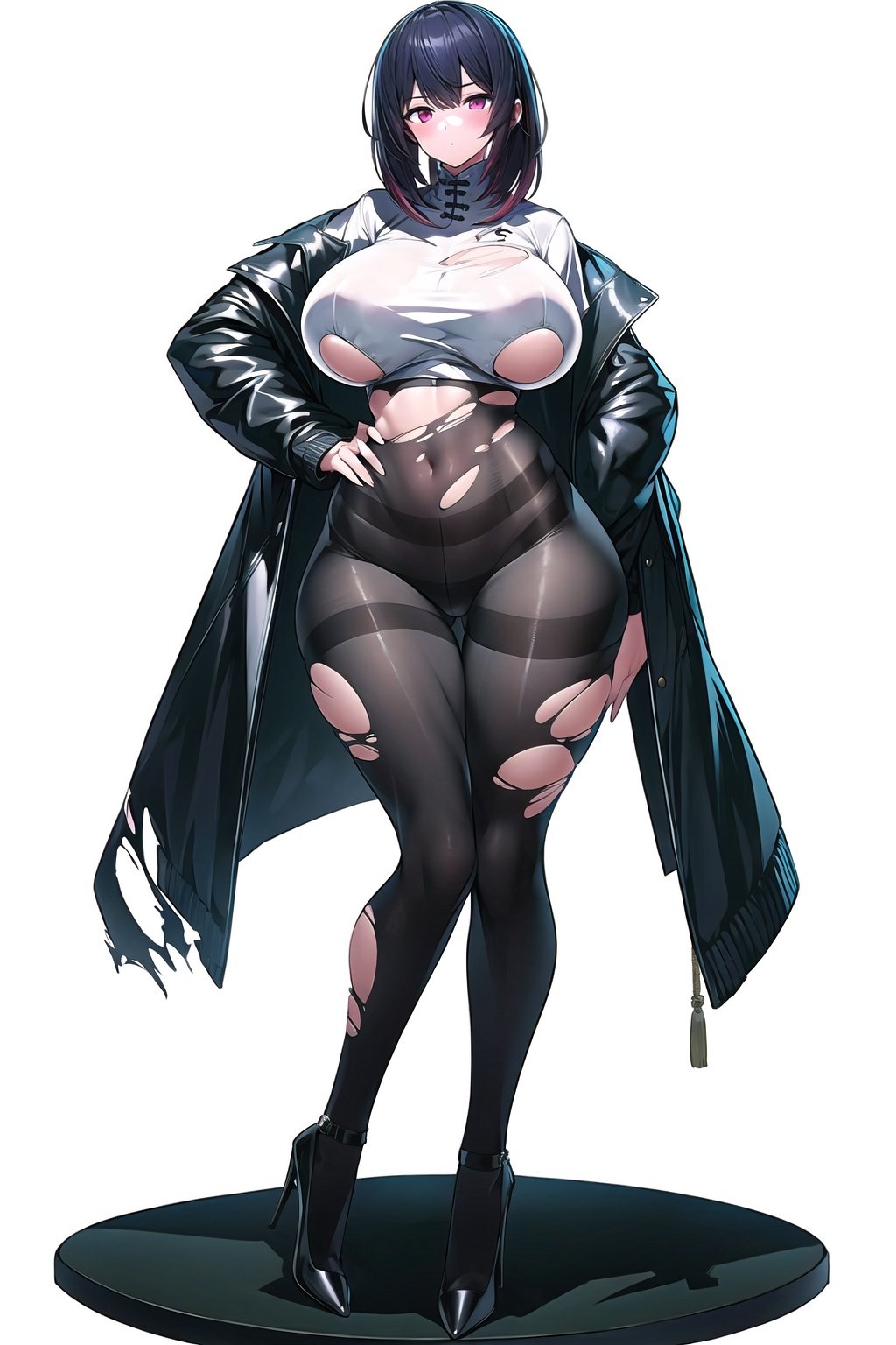 Figure material. masterpiece,best quality,1girl,high heels, looking at viewer, ,standing,looking at viewer, thick thighs, wide hips, Chinese art,torn pantyhose,Update,big_breasts and shirt jacket,Real,Lighting,Detail, <lora:EMS-13720-EMS:0.8>, <lora:EMS-14488-EMS:0.6>, <lora:EMS-14413-EMS:0.8>, <lora:EMS-20686-EMS:0.8>