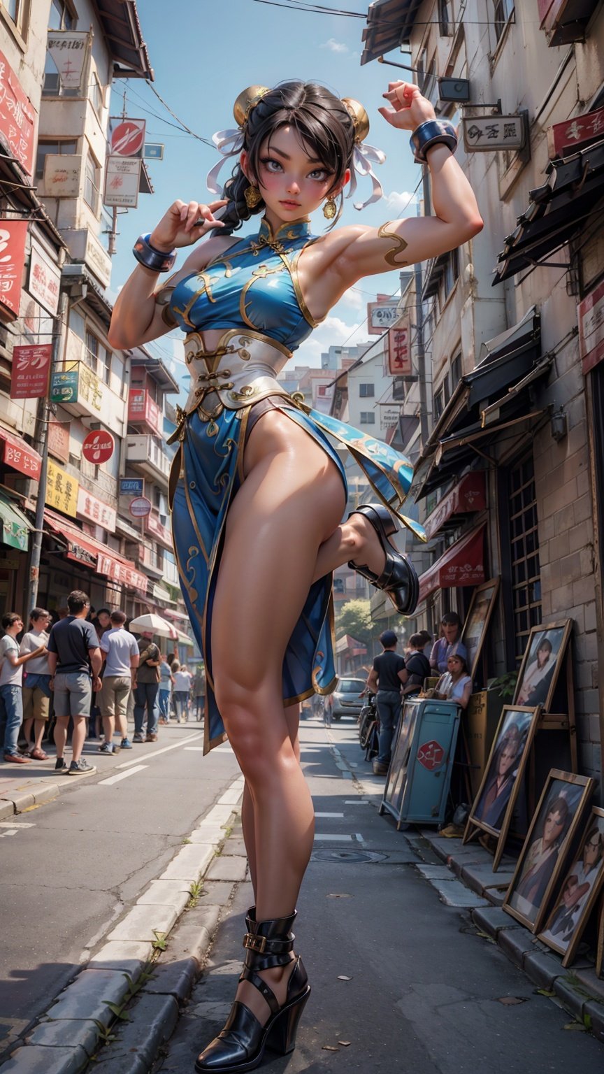 chunli, street fight 6, wearing cheongsam white, blue, gold, attractive female, full body image, front - facing looking at camera a Latina athletic body, attractive female, full body image, front - facing looking at camera,Standing split,Real,Slightmuscle, <lora:EMS-14413-EMS:1.2>, <lora:EMS-20894-EMS:0.4>, <lora:EMS-16673-EMS:0.4>, <lora:EMS-8358-EMS:0.4>