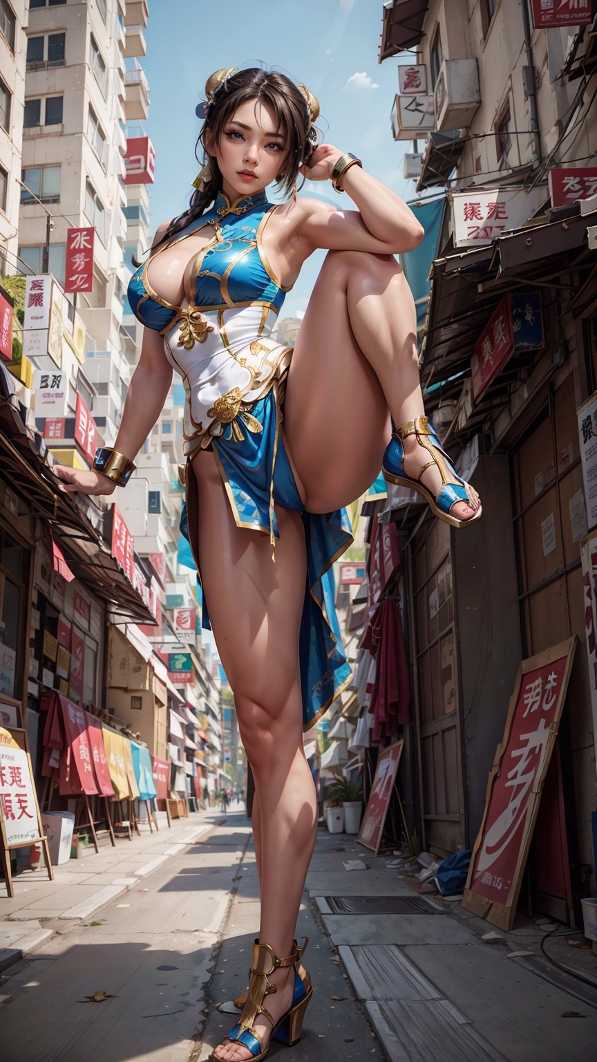 chunli, street fight 6, wearing cheongsam white, blue, gold, attractive female, full body image, front - facing looking at camera a Latina athletic body, attractive female, full body image, front - facing looking at camera,Standing split,Real, <lora:EMS-14413-EMS:1.2>, <lora:EMS-20894-EMS:0.4>, <lora:EMS-16673-EMS:0.4>, <lora:EMS-14454-EMS:0.3>