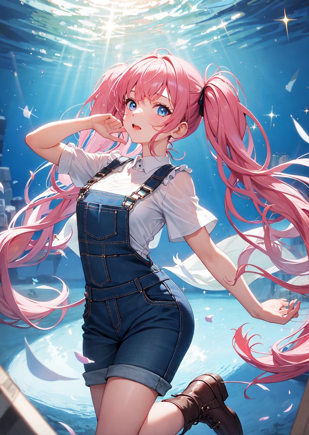 (masterpiece), (realistic), (best quality), (ultra-detailed),  amazing, girl, 18 years old, full body, purple and pink hair, long hair, twintails, medium breasts, slender weist, longing face, beautiful eyes, blue eyes, jewel in the sparkle galaxy, overalls, nature, sunshine, fcportrait