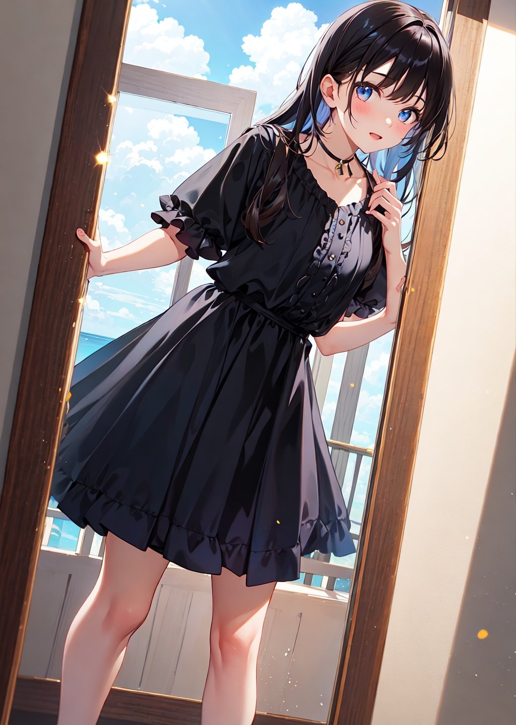 cute girl, standing, mid shot, perfect lighting, dynamic shot, mirror, horizon, reflection, blue sky, cloud,, fcportrait