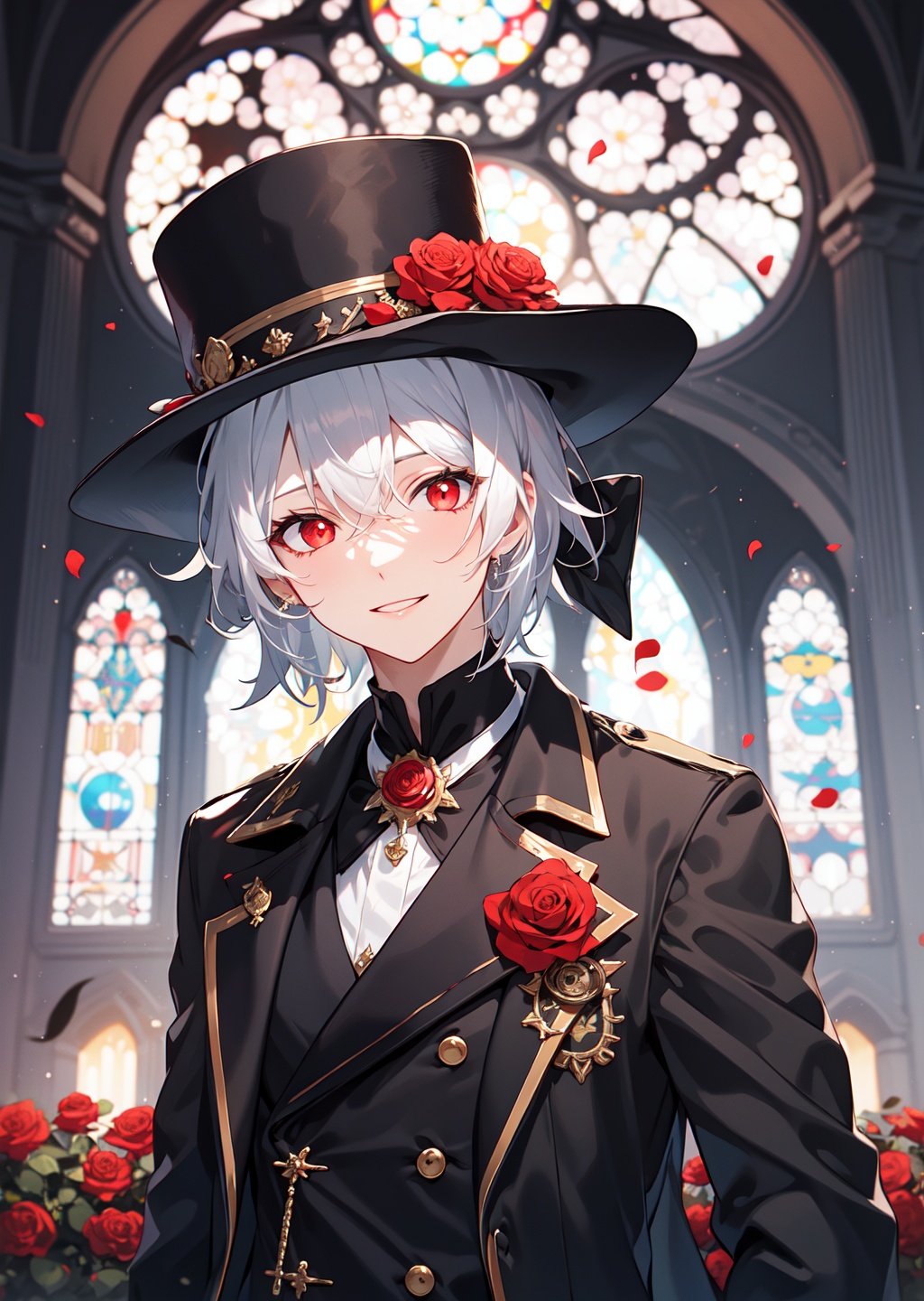 white hair,flat breasts,red eyes,high detail,Glowing eyes,short straight hair,red roses,Black gloves,trench coat,suit,brooch,Clothes that are not bare,gangsters,Wide-brimmed hat,black Suit hat,White shirt,dark blue sky,church,smile,, fcportrait