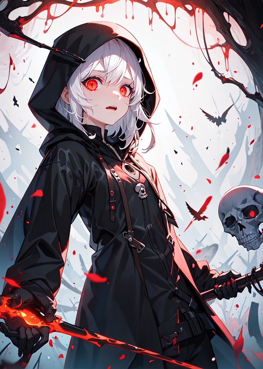 beautiful illustration, scary face, ((intimate darkred mist background), (scythe), ((solo)), (best quality), (Grim Reaper girl), black tights, small chest, visible through hair, (wearing grim reaper clothes), (hood), skull skin, (transparency white hair), pointed end red, skull eye, (perfect anatomy), (phantom monsters), blood, masterpiece, insanevoid, glowing eyes, extra eyes, horror \(theme\), third eye on forehead, horror style, souls wandering around, fcportrait