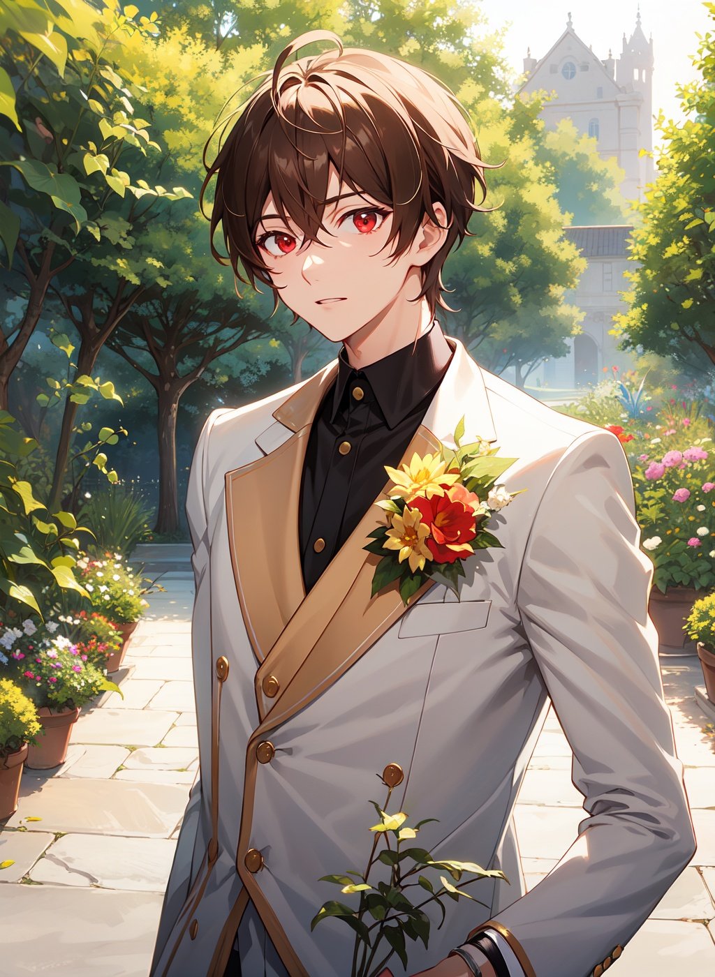 white suit,1boy,elegant,upper body,red eyes,fcportrait,,golden brown hair,garden,sunlight,happily,((anime style)),