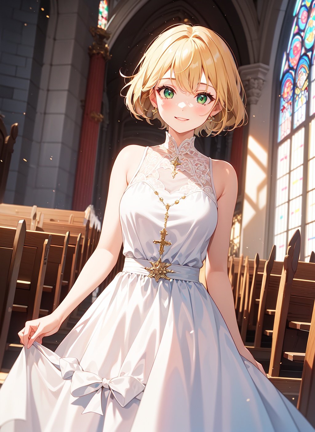 1girl,church,interior,blonde,green eye,white dress,elegant smile,, fcportrait