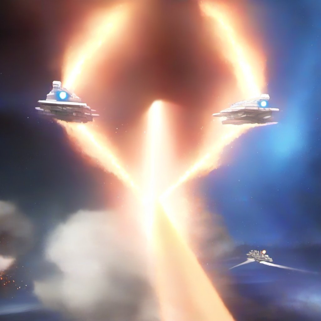 Deep space battleships launch laser weapons against each other, emitting blue beams of light and providing powerful field shields in front of the battleships