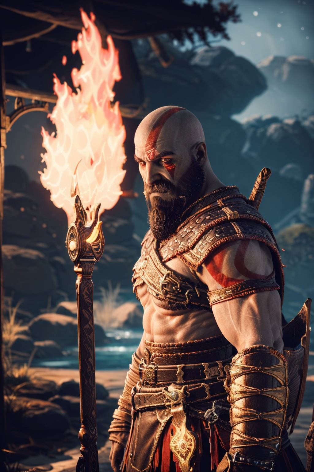 (masterpiece, best quality, detailed:1.2),  <lora:kratos-15:0.7> , kratosGOW_soul3142, male focus, pale skin, armor, tattoo, facial hair, fire, shoulder armor, beard, mustache, bald, quiver, torch