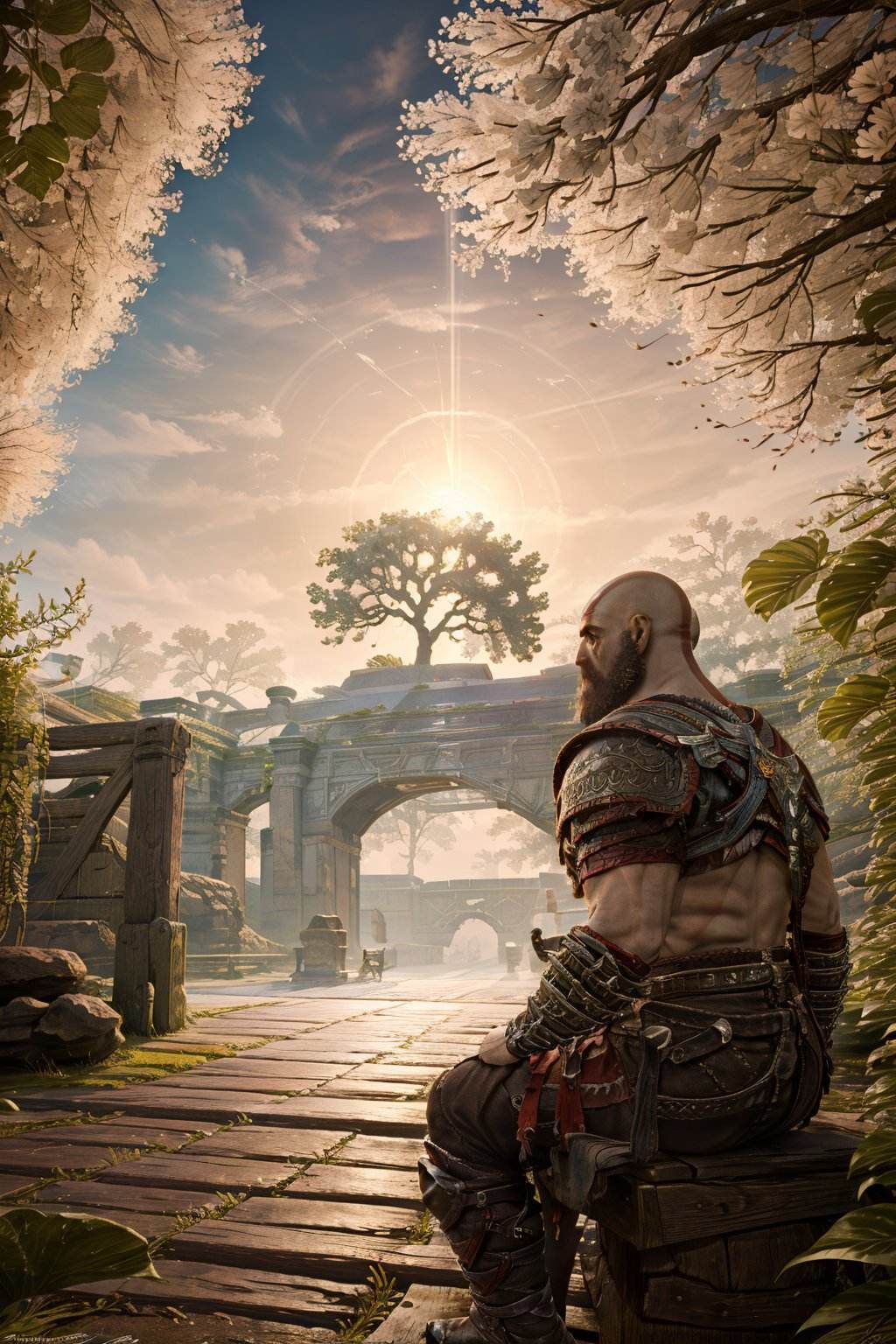 (masterpiece, best quality, detailed:1.2),  <lora:kratos-20:0.7> , kratosGOW_soul3142, sitting, outdoors, armor, tree, scenery, from side,