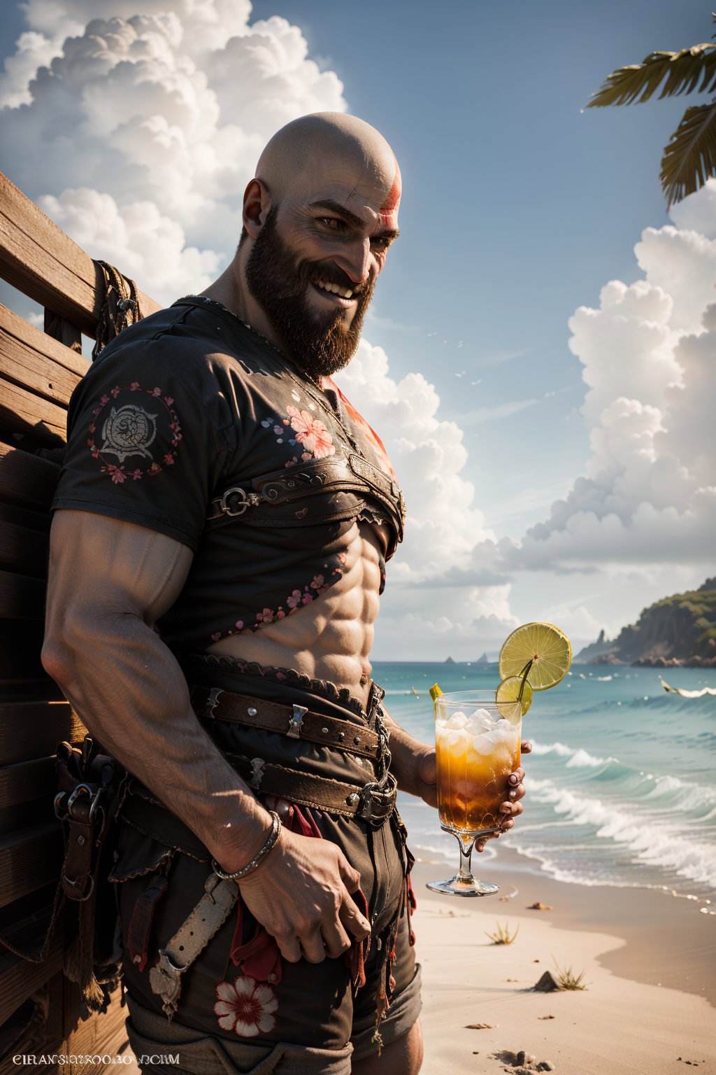 (masterpiece, best quality, detailed:1.2),  <lora:kratos-15:0.6> , kratosGOW_soul3142, (tshirt, floral print:1.2), holding, holding cocktail, smile, shorts, beach, seascape, clouds, 