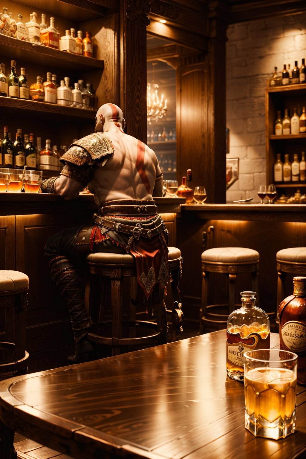 (masterpiece, best quality, detailed:1.2),  <lora:kratos-15:0.6> , kratosGOW_soul3142, sitting, bar, liquor, glass, alcohol, 