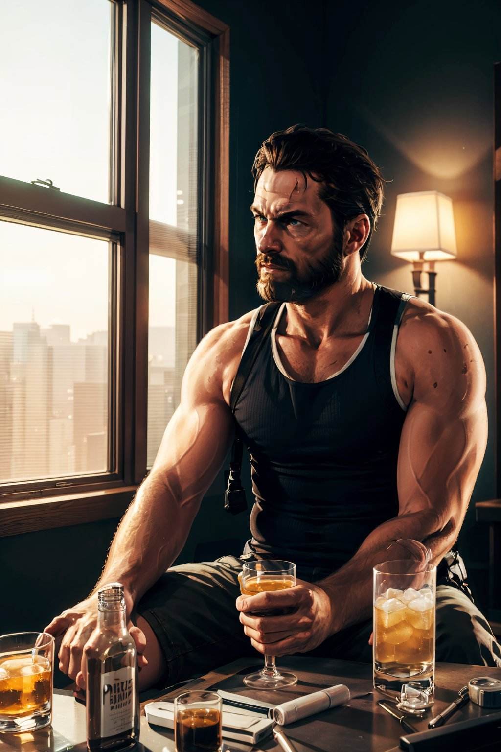 <lora:max_payne-10:0.6>, maxMP3_soul3142, facial hair,  tank top, beard, sitting, alcohol,