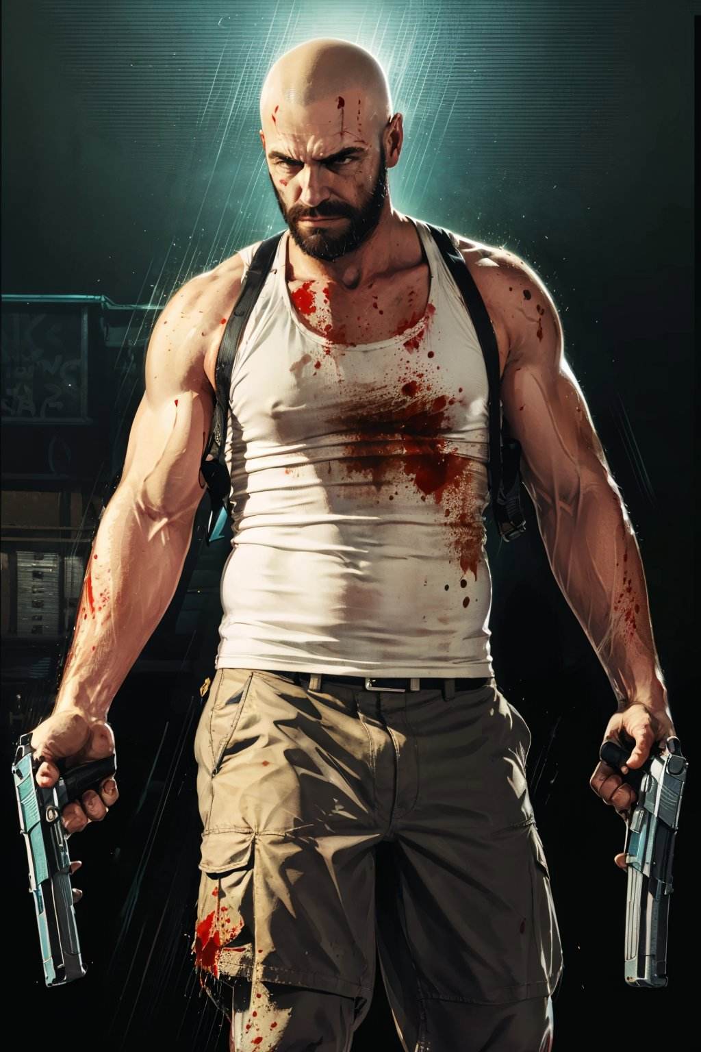 <lora:max_payne-10:0.7>, maxMP3_soul3142, 1boy, solo, male focus, weapon, gun, handgun, bald, dual wielding, facial hair, beard, manly, holding, realistic, tank top, muscular, blood