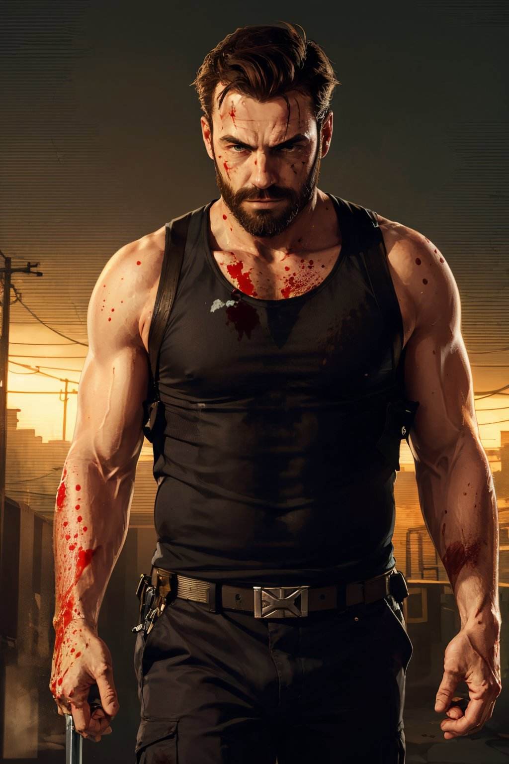 <lora:max_payne-10:0.6>, maxMP3_soul3142, 1boy,  male focus, solo, blood, facial hair, manly, beard, brown hair