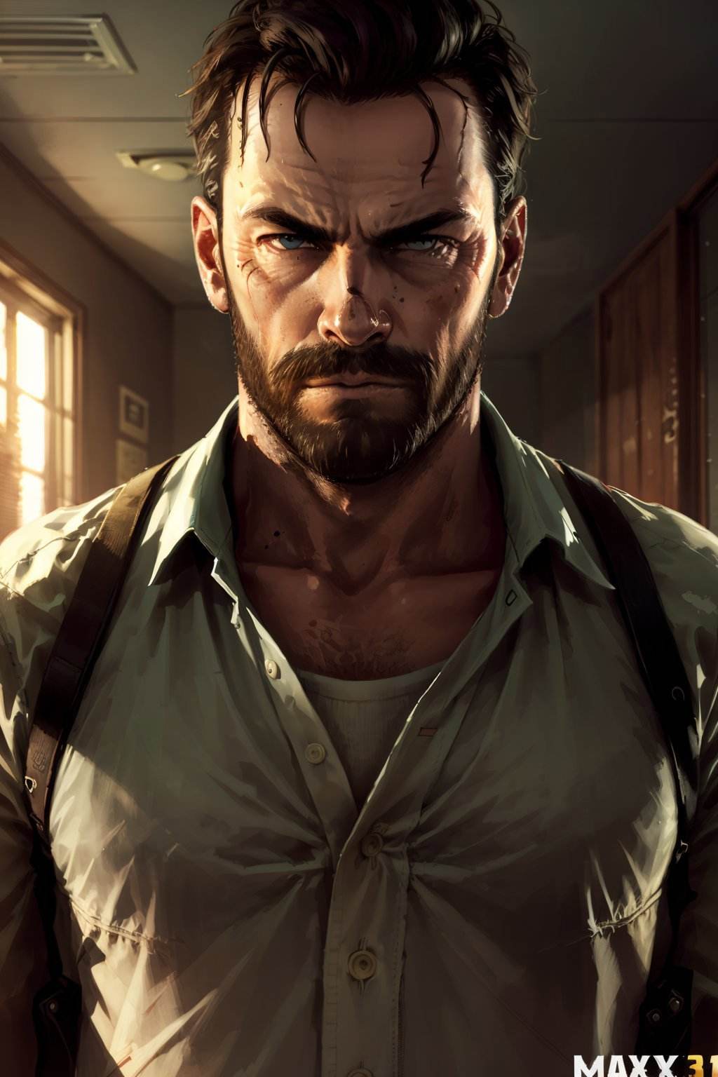 <lora:max_payne-10:0.7>, maxMP3_soul3142, 1boy, male focus, solo, facial hair, beard, manly, mustache