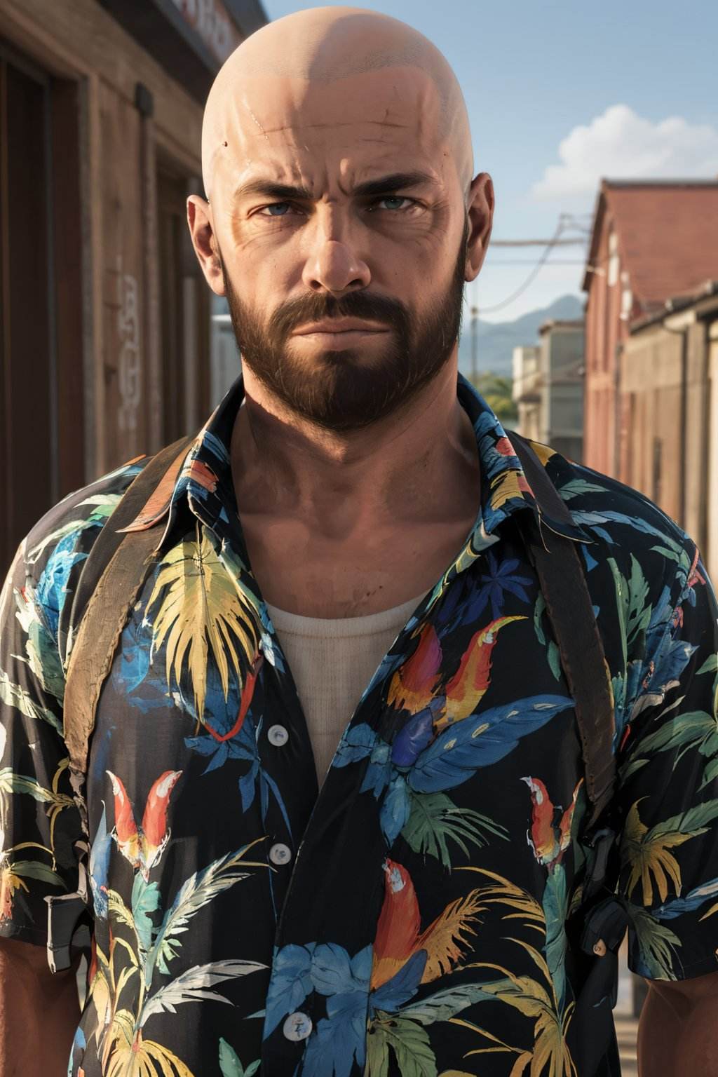 <lora:max_payne-10:0.7>, maxMP3_soul3142,  facial hair, bald, beard, shirt, looking at viewer, upper body, realistic, closed mouth, hawaiian shirt, open clothes