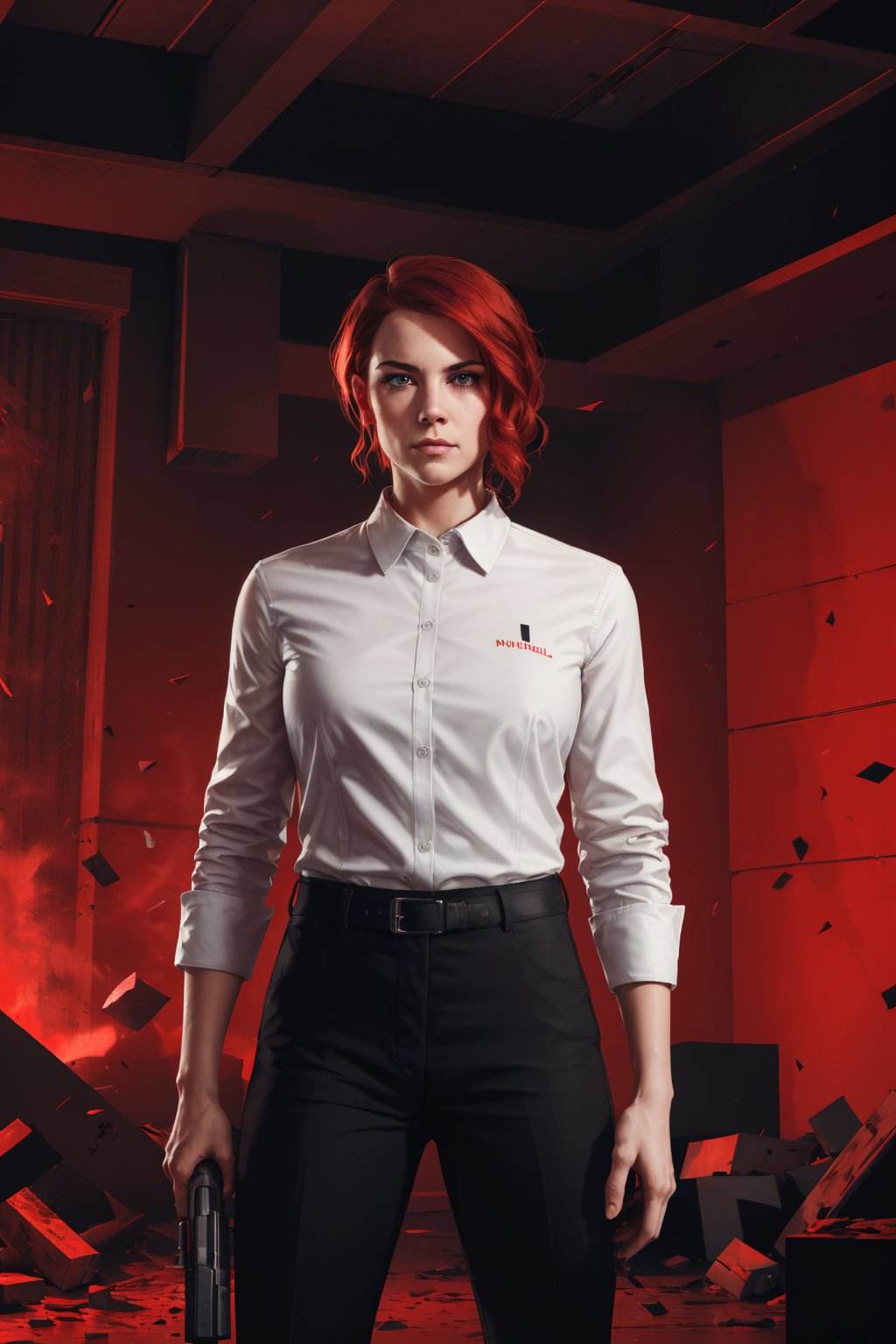 <lora:jesse_faden-10:0.6>, jesseC_soul3142, red theme, black pants, red hair, weapon, shirt, white shirt, holding, pants, gun, blood, holding weapon, indoors, holding gun, short hair