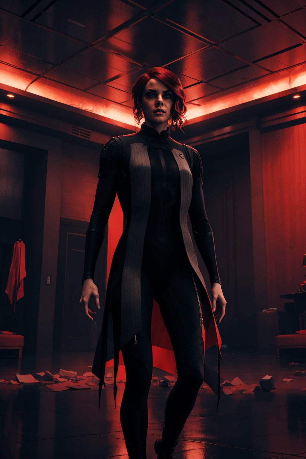 <lora:jesse_faden-10:0.6>, jesseC_soul3142, 1girl, black asynchronous suit, red hair, floating, indoors, horror theme