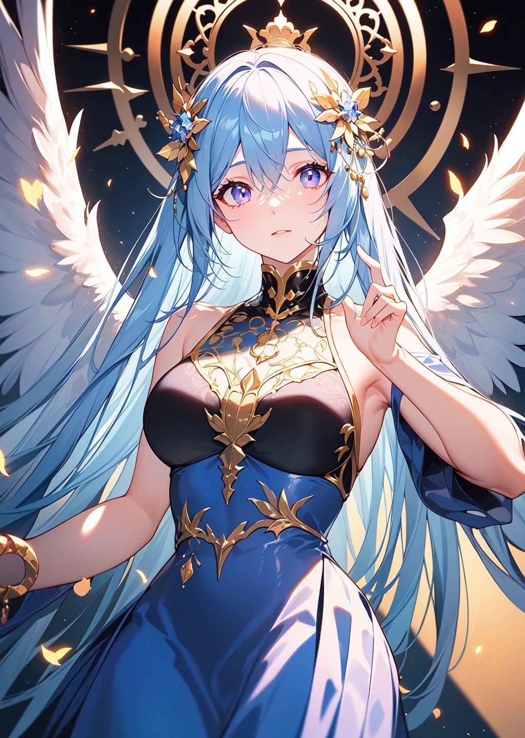 (An angel with beautiful and delicate ornaments on her wings sits in a stone palace built on a sea of clouds. She has a beautiful face and shining eyes of vivid colors. He wears intricate and delicate ornaments. Mysterious heavenly palace illuminated by moonlight. Detailed drawings. Vivid colors. High image quality:1.3),(glows ultra-detailed deep Amethyst eyes:1),(gradient eyes:1), (finely detailed beautiful eyes:1), (symmetrical eyes:1), (big highlight on eyes:1.1),(blue glowing eyes:1),(Magic Circle Effect, Projecting an enchanting magic circle on the stage during magic rituals and sorcery scenes. This visually represents the source of magical energy:1),(Flame of Light Effect, Employed during scenes where Isis wields magic or in the enigmatic interior of the pyramid, expressing a sense of wonderous power:1),(Hands of Light, Isis conjures glowing hands of light, allowing her to levitate objects and manipulate distant things with her magic:1),(masterpiece:1), (illustration, best quality, best aethetic, beautiful art, ultra-detailed, 8k, HDR, sharp focus, intricate),pink purple eyes, <lora:hand_fix:1>, fcportrait