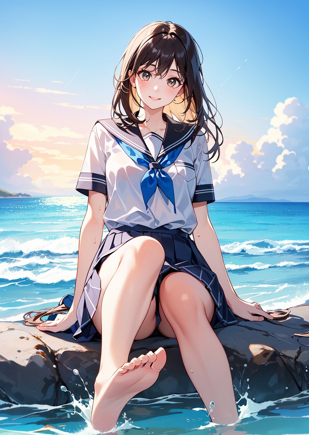 Sprawled big jump, very pretty girl, bright eyes, ((facial details are beautiful)), long brown hair, schoolgirl, school uniform, bare feet, soaking wet, smiling, sun shining, blue sky, ocean, shining waves , ((masterpiece)), ((maximum quality 8k)), ((high resolution)), ((fine and detailed)), ((background is realistically beautiful finish)),, fcportrait