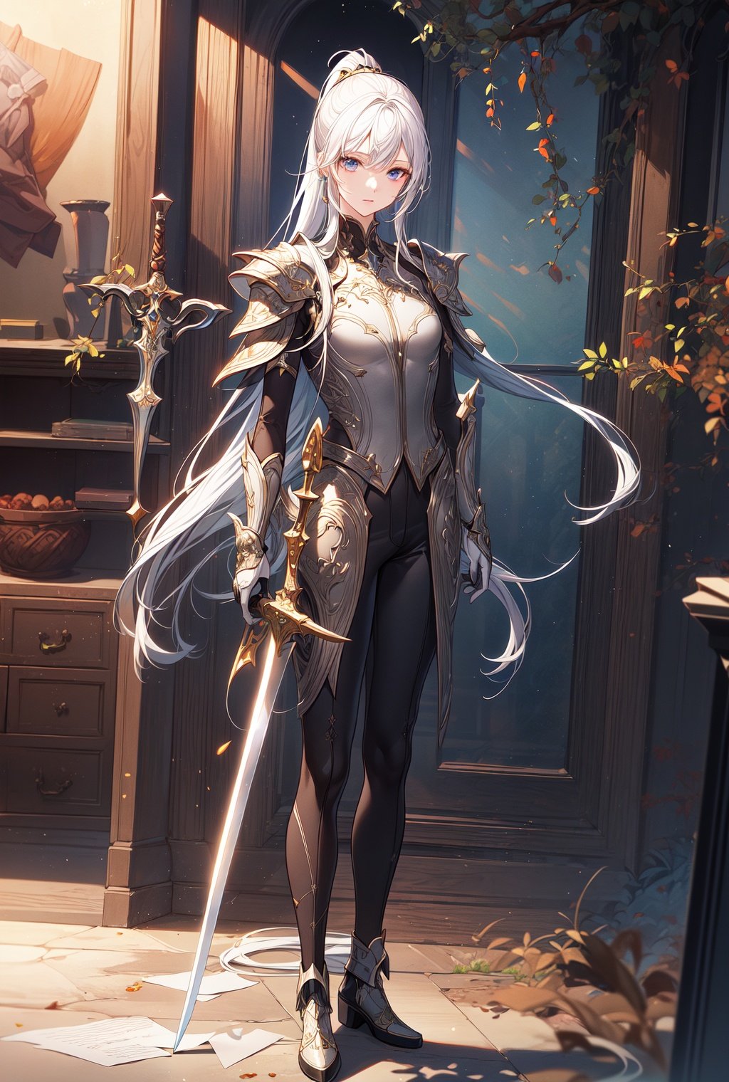 1boy,long hair, ponytail,white hair,black armor, standing on ruins, holding sword,full body,  <lora:add_detail:1>,looking down,, (masterpiece:1,2),best quality,masterpiece,highres,original,extremely detailed wallpaper,(extremely detremely detailed CG:1.2),8k,anime,cartoon, ,paper_cut, (masterpiece:1,2),best quality,masterpiece,highres,original,extremely detailed wallpaper,perfect lighting,(extremely detremely detailed CG:1.2),8k,anime,cartoon, fcportrait