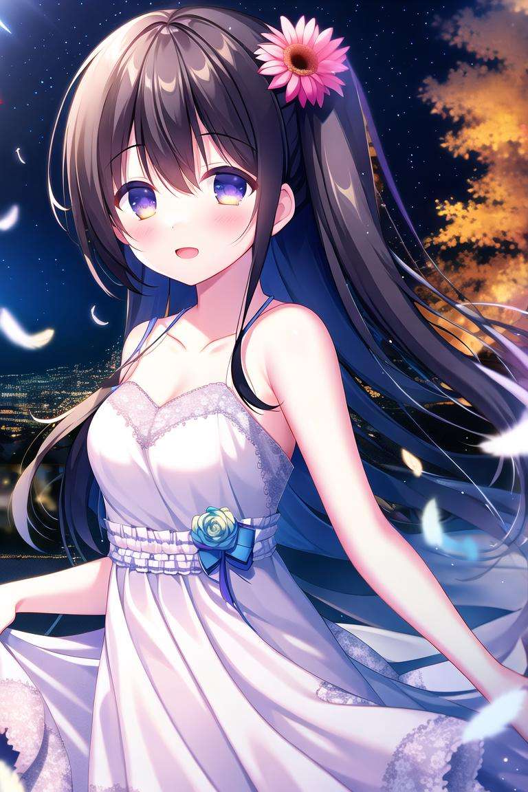 absurdres, high quality, game cg, 1girl, evening gown, frilled dress, frills, outdoors, night sky, falling feathers, upper body, light particles, bokeh, chromatic aberration