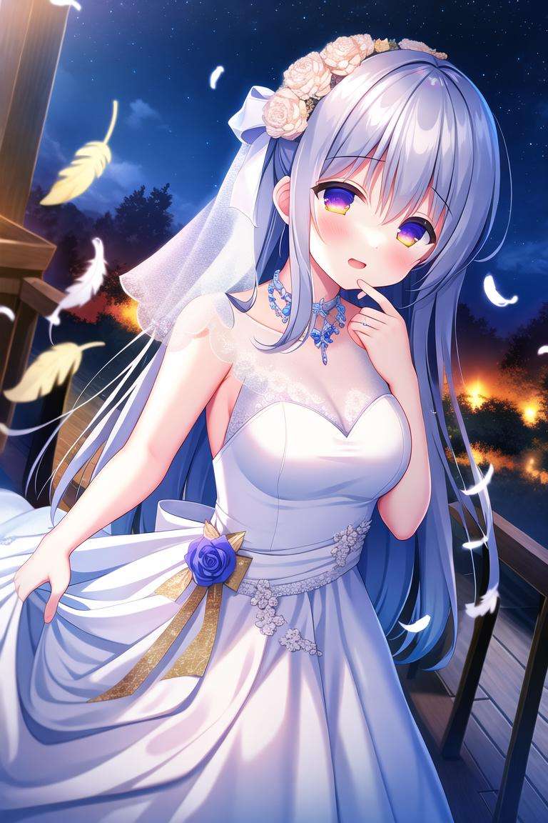 absurdres, high quality, game cg, 1girl, long hair, wedding dress, outdoors, night sky, falling feathers, upper body