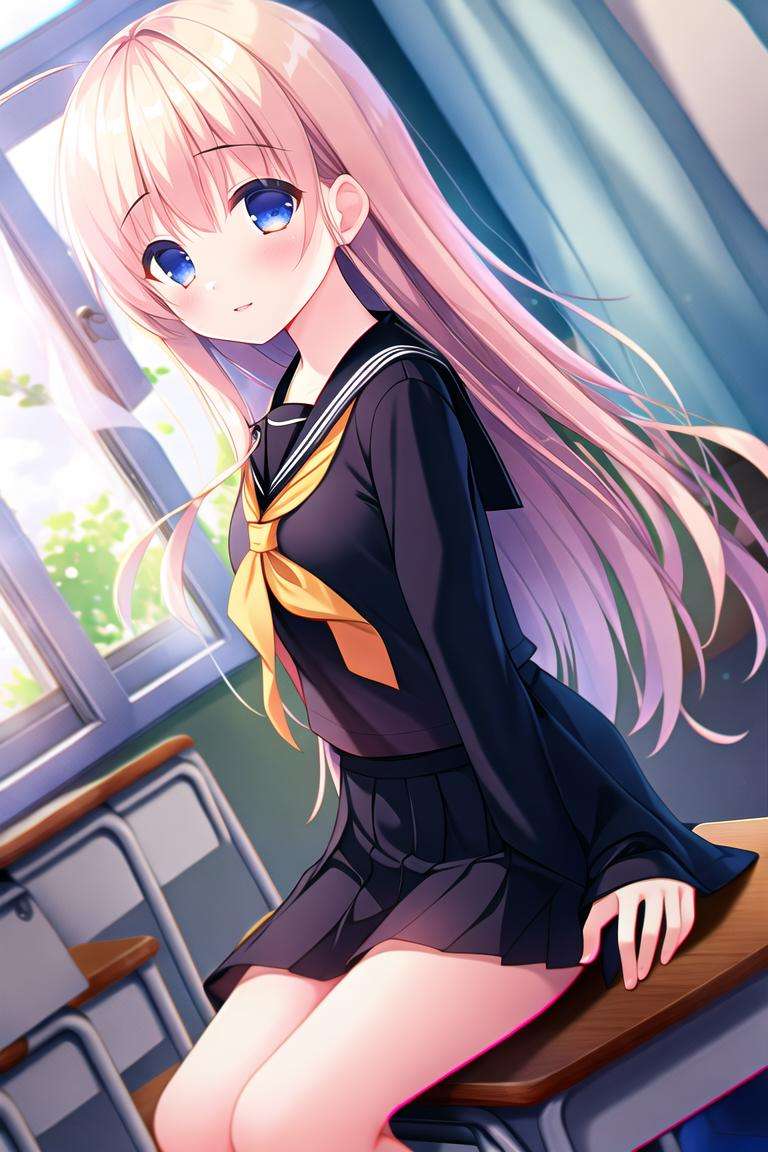 absurdres, high quality, game cg, 1girl, serafuku, classroom, sitting, on chair, school desk, window, curtains, wind, chromatic aberration, dutch angle, light particles