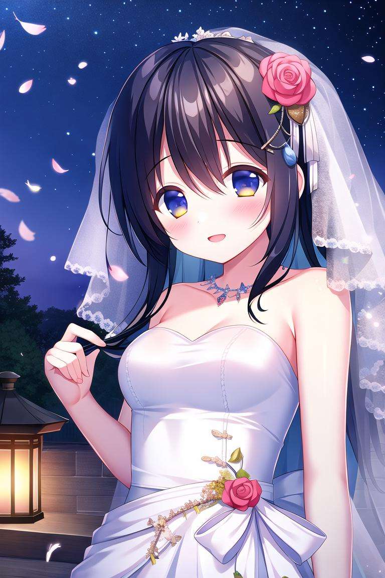 absurdres, high quality, game cg, 1girl, long hair, wedding dress, outdoors, night sky, falling feathers, upper body