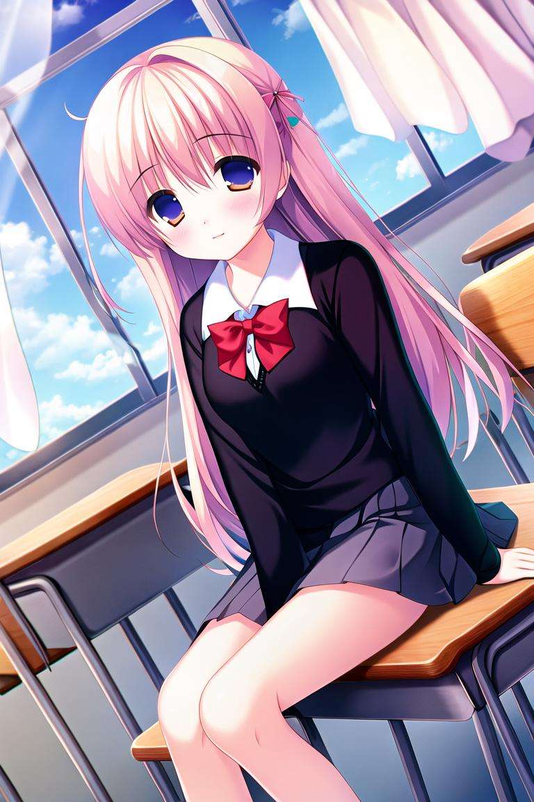 absurdres, high quality, game cg, 1girl, classroom, sitting, on chair, school desk, window, curtains, wind, chromatic aberration, dutch angle