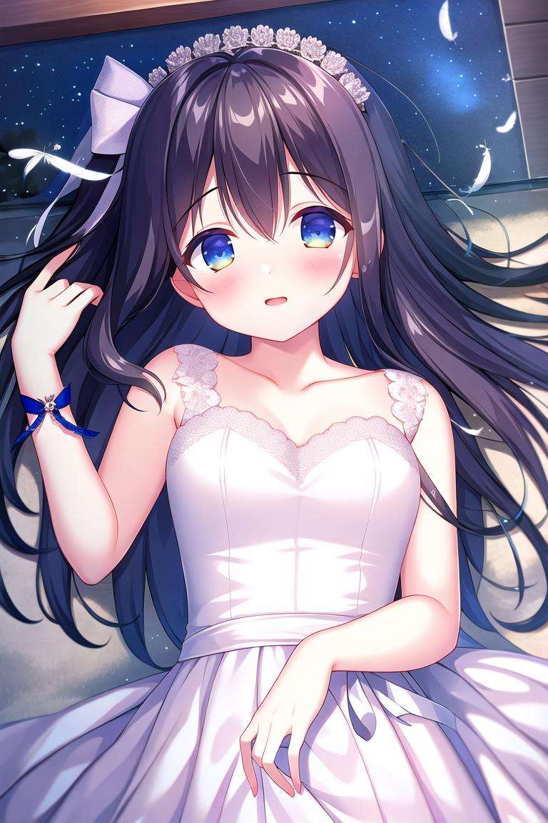 absurdres, high quality, game cg, 1girl, long hair, wedding dress, night sky, falling feathers, lying, upper body, from above