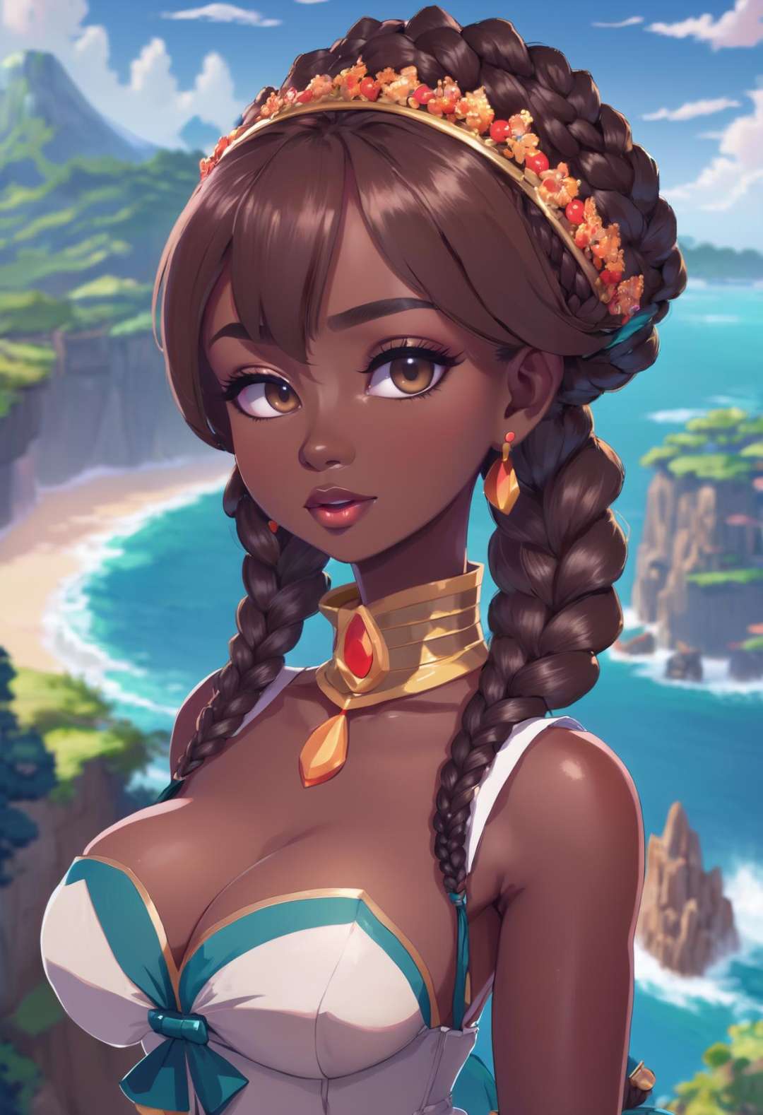 (masterpiece, best_quality, ultra-detailed, immaculate:1.3), epic, illustration, beautiful woman with brown hair, Fishtail Braid, elaborate costume design, , on a  cliff, (african, dark skin:0.6), high contrast, anime pinup poster, anime pinup poster