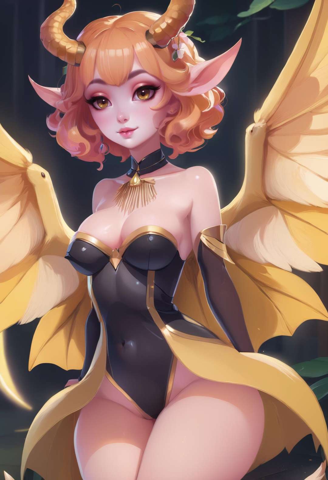 (surreal Fawncore:1.3) cute succubus, wings, full body, [:formal costume design,:0.2], official art, caucasian, soft yellow lighting , in a modern menagerie, bombshell hair, ginger hair, curly hair,Flapper Bob, claw pose, anime pinup poster