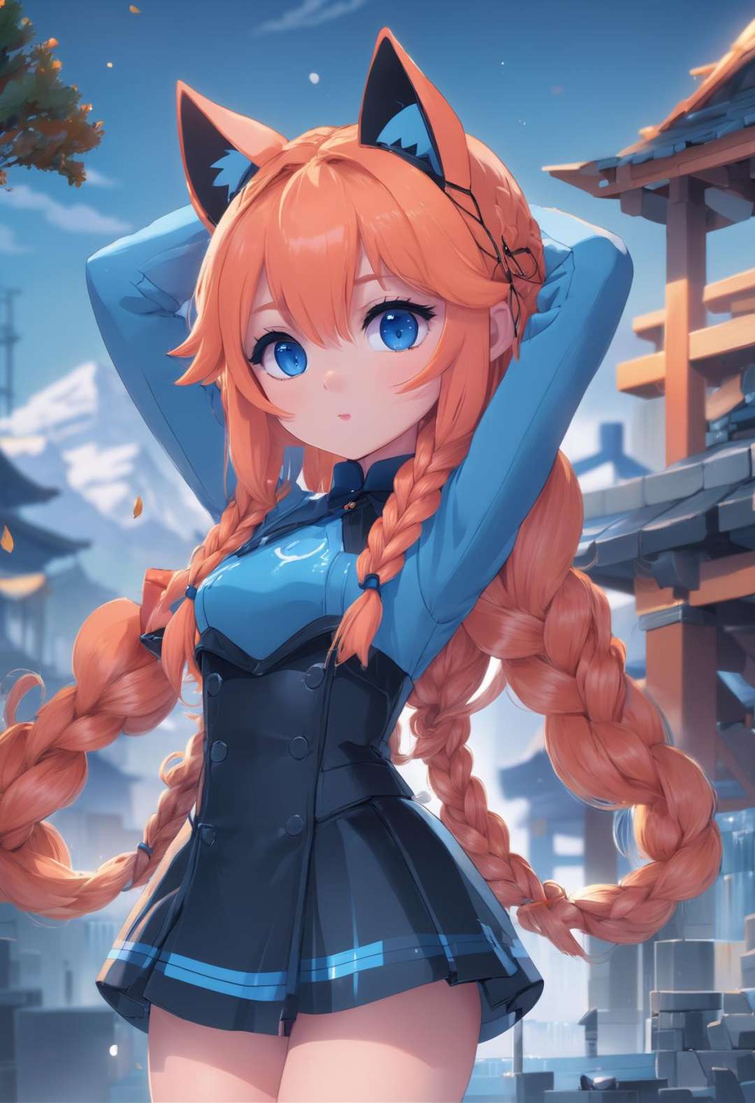 (masterpiece, best_quality, ultra-detailed, immaculate:1.3), epic, illustration, (blue 2000's Autumn:1.3) cute catgirl, full body, [:intricate, formal costume design,:0.2], official art, caucasian, studio slate blue lighting from below, at a  construction site, bombshell hair, bright orange hair, Tri-Braided Bun, own hands clasped, anime pinup poster