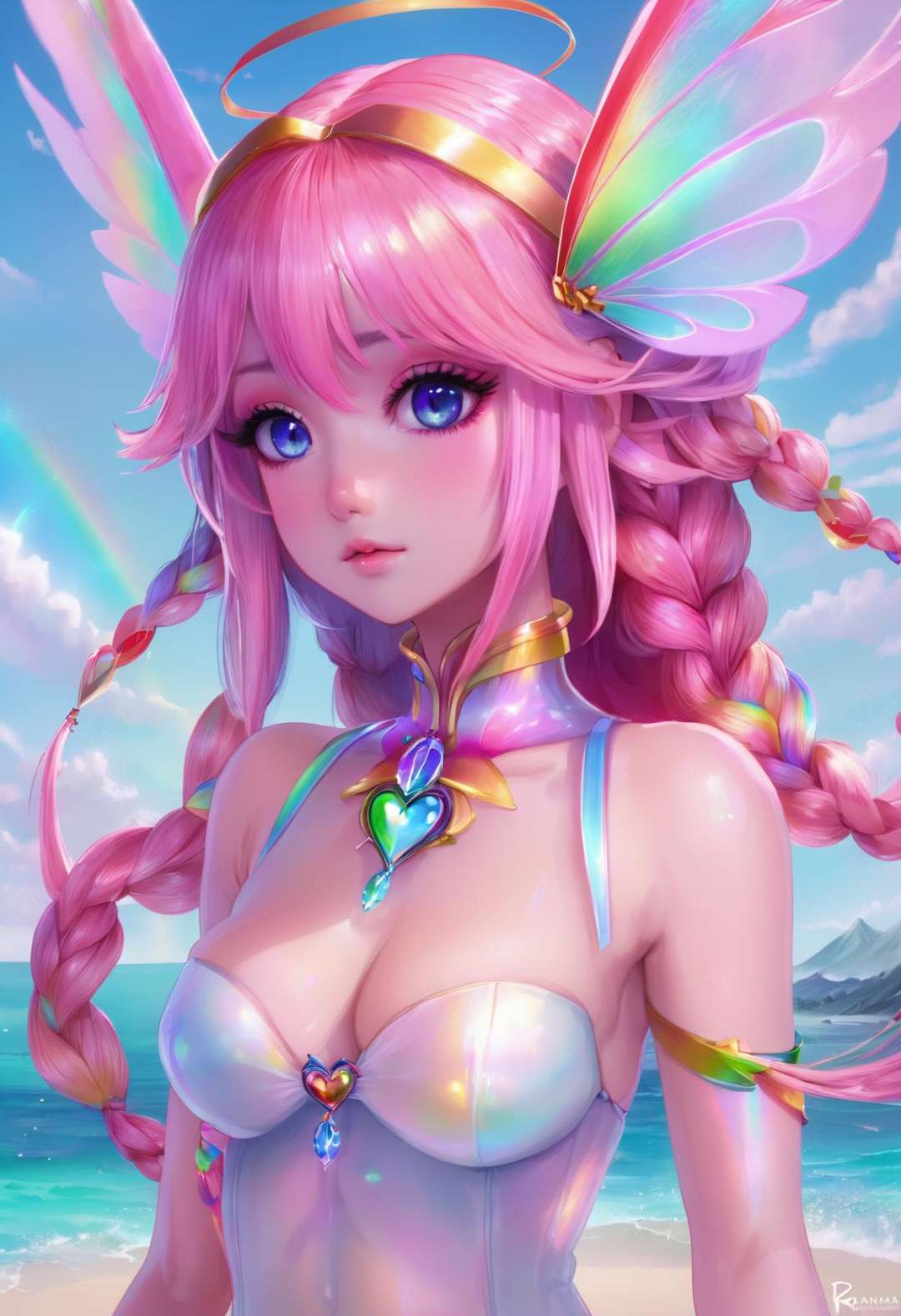 digital painting by rannsama, (masterpiece, best_quality, ultra-detailed, immaculate:1.3), epic, illustration, pastel rainbow skin, Bleeding Heart fairy queen,fairy wings, see-through gossamer, =v=, on a winter beach, bombshell hair, matte crimson hair, Braided Updo,hime cut, ojou-sama pose, anime, oil on canvas