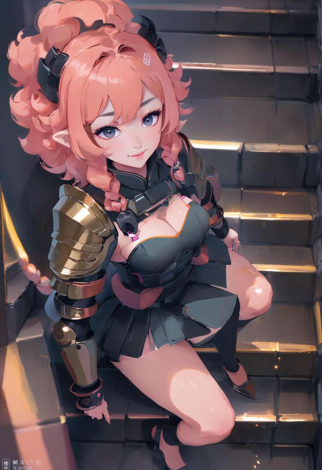 digital painting by Shirabi, portrait, grinning amazon berserkertoned, fur armor, , peach hair, bombshell curly hair, leaning forward, chinese, in Korean Japan, on a dieselpunk, brutalist staircase, bombshell hair, ginger hair, Perm, inugami-ke no ichizoku pose, anime, oil on canvas, palette knife