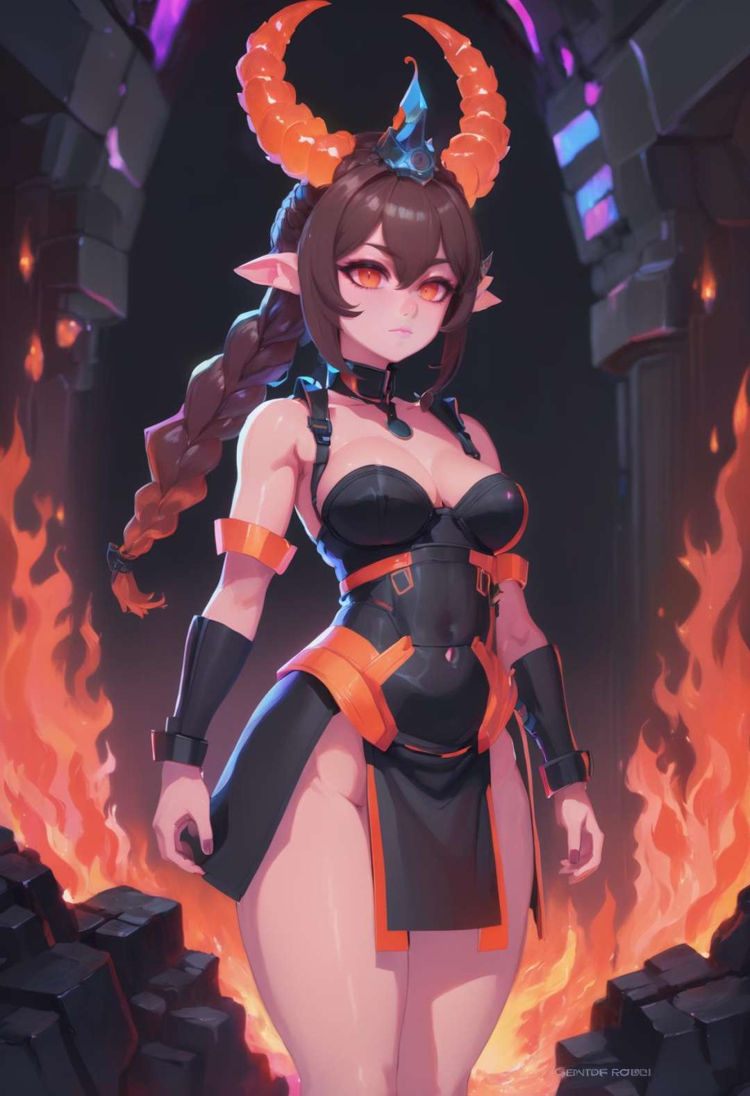 (demonic, infernal:1.25), (full body:1.2), hair, horns, from behind, fiery orange lighting, maid,  muscular, caucasian, (in the lava pits:1.2), leaning back, in a cyberpunk, subterranean nuclear fusion plant, bombshell hair, iridescent brown hair, Braided Crown, gendou pose, anime, gouache on paper