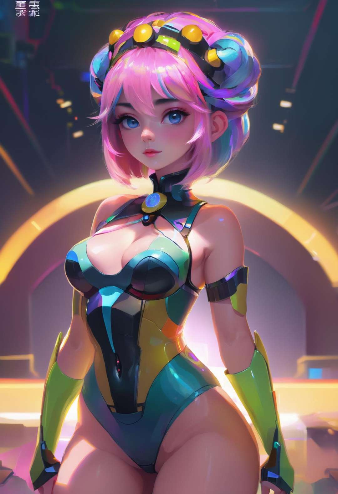 (masterpiece, best_quality, ultra-detailed, immaculate:1.3), epic, illustration, beautiful woman with pastel multicolor hair, Tapered Cut, elaborate costume design, (full body:1.3), in a  nuclear fusion plant, chinese, warm lighting,dramatic lighting,vibrant colors,high contrast, digital painting, palette knife, digital painting, palette knife