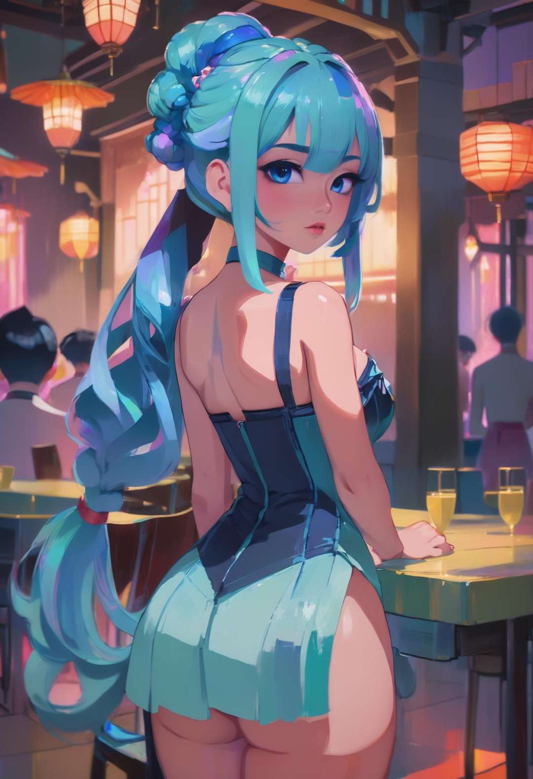 beautiful woman with azure hair, half updo, outlandishly sexy costume design, (full body:1.3), in a  dining hall, (asian:1.3), warm lighting,dramatic lighting,pastel colors, anime, acrylic on paper, palette knife