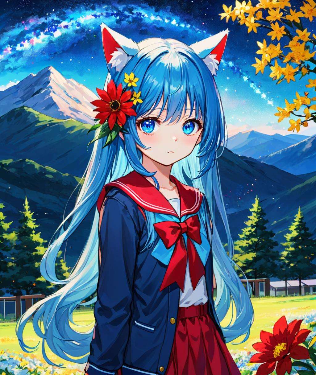 1girl,portrait,looking at viewer,cat ears,very long hair, school uniform, outdoors,blue hair,holding flower,hair between eyes, red eyeys,flower hair ornament, sparkling eyes, nignt sky milky way background, tree,mountain,floating hair, 