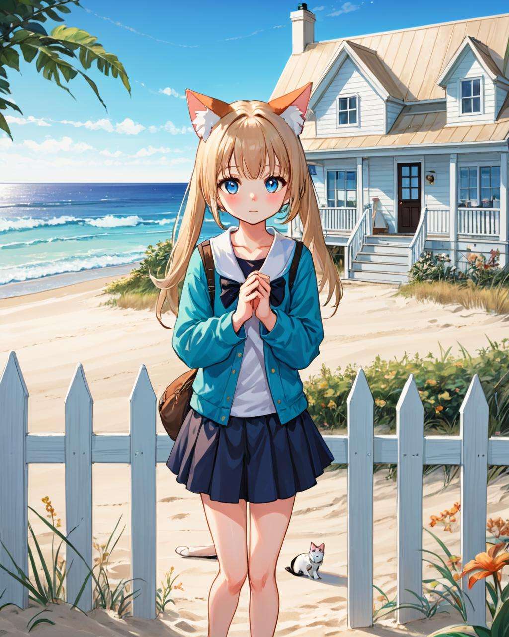 beachside, cozy cottage, sand, seashells, white picket fence, inviting, homey, ocean view,1girl,looking at viewer, cat ears,