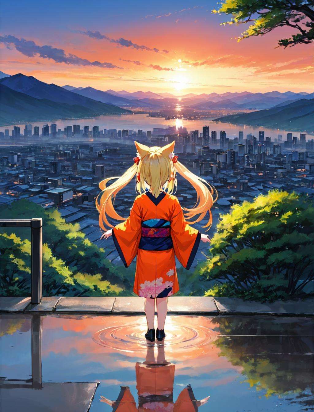 1girl,looking at viewer,  cat ears,blonde hair, long hair,standing,kimono,upper body, cityscape,dusk, gradient sky,horizon,mountainous horizon,orange sky, sunlight, sunrise, sunset,tree,Sunset reflected in a puddle,fter rain,