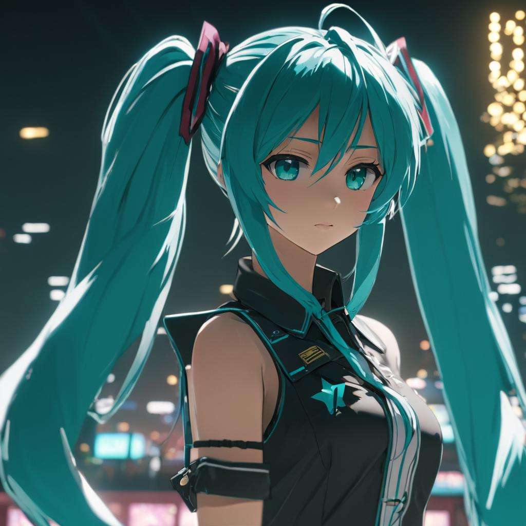 amine, beautiful age 18 girl, (anime screencap), aqua hair, hatsune miku, twin tails, sexy, beautiful, dslr, 8k, 4k,  pixiv, depth of field, cinematic compotision, best lighting, cowboy shot