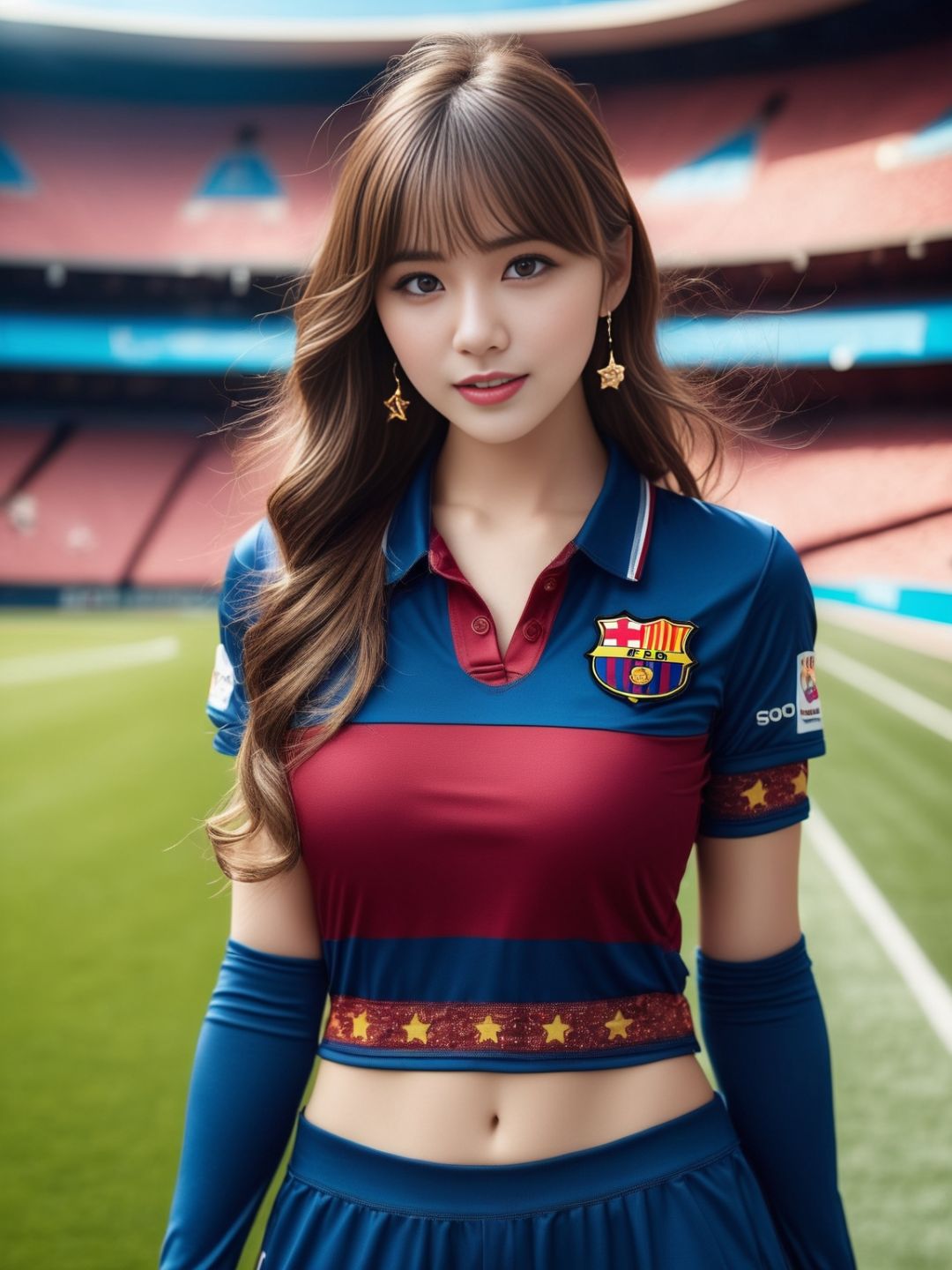 cinematic photo masterpiece, absurdres highres extremely detailed,(RAW photo:1.2), (photorealistic:1.4),(intricate details:1.2),cinematic effects,wallpaper,Megapixel,highres,Intricate details,ultra detailed,8k,1girl,( soccer uniform, soccer shoes:1.2,football shorts,),(Nou Camp Stadium:1.1),kick the ball,running,(colorful soccer uniform),wide angle,(full body:1.2),earrings,bangs,lips,long hair,perfect skin,gorgeous,pure,beautyfull detailed face and eyes,breasts,girlface,clear sharp focus,open chest,cowboy shot,looking at viewer,dynmaic pose, . 35mm photograph, film, bokeh, professional, 4k, highly detailed