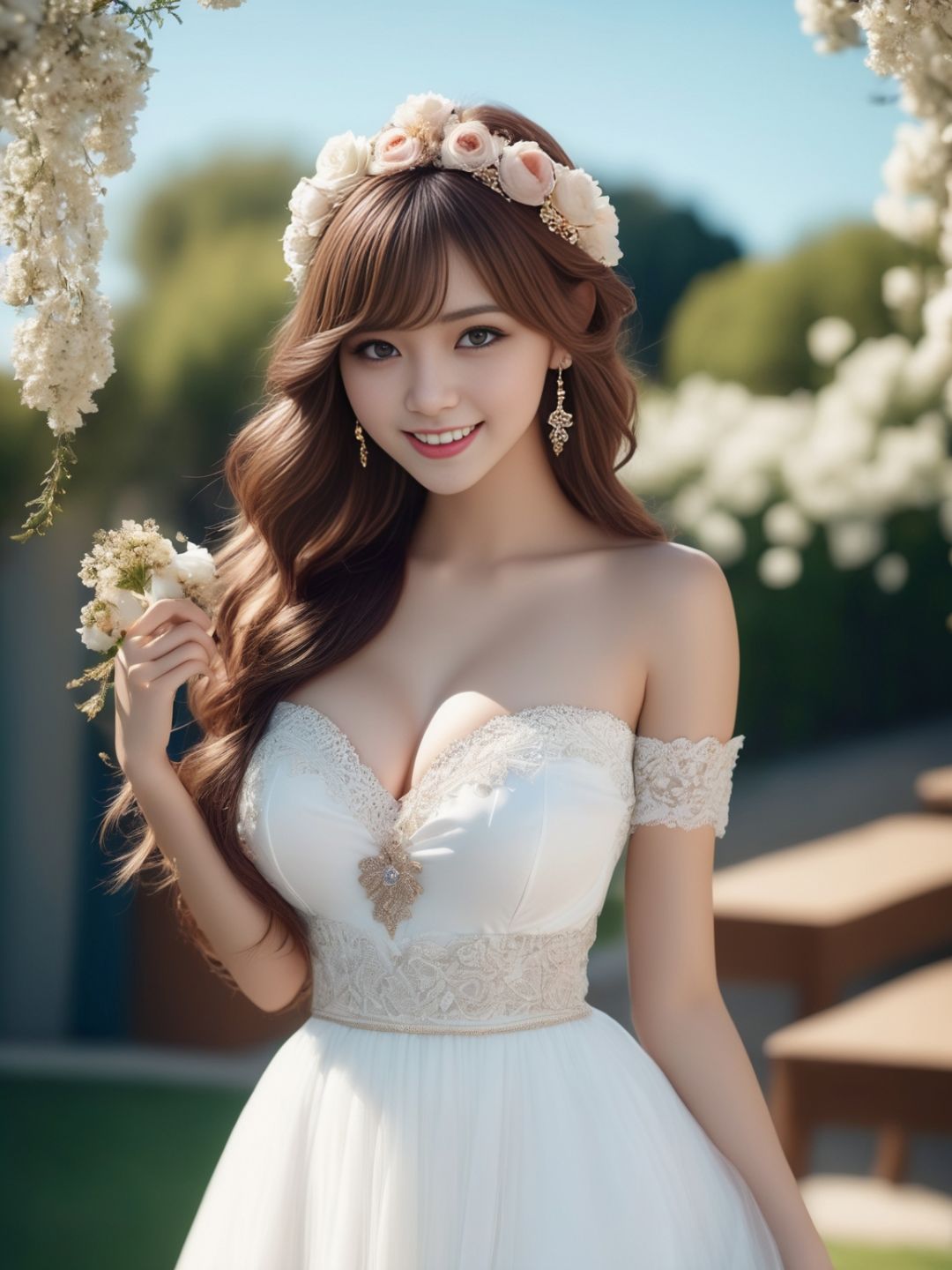 cinematic photo Photo of a Beautiful 1girl,long hair,(kawaii:1),laughing,cinematic effects,wallpaper,Megapixel,highres,Intricate details,ultra detailed,8k,(bride,(detailed wedding dress:1.2)),wedding,garden, flowers, river,wide angle,earrings,bangs,lips,long hair,perfect skin,gorgeous,pure,beautyfull detailed face and eyes,breasts,girlface,clear sharp focus,open chest,cowboy shot,looking at viewer,dynmaic pose, . 35mm photograph, film, bokeh, professional, 4k, highly detailed