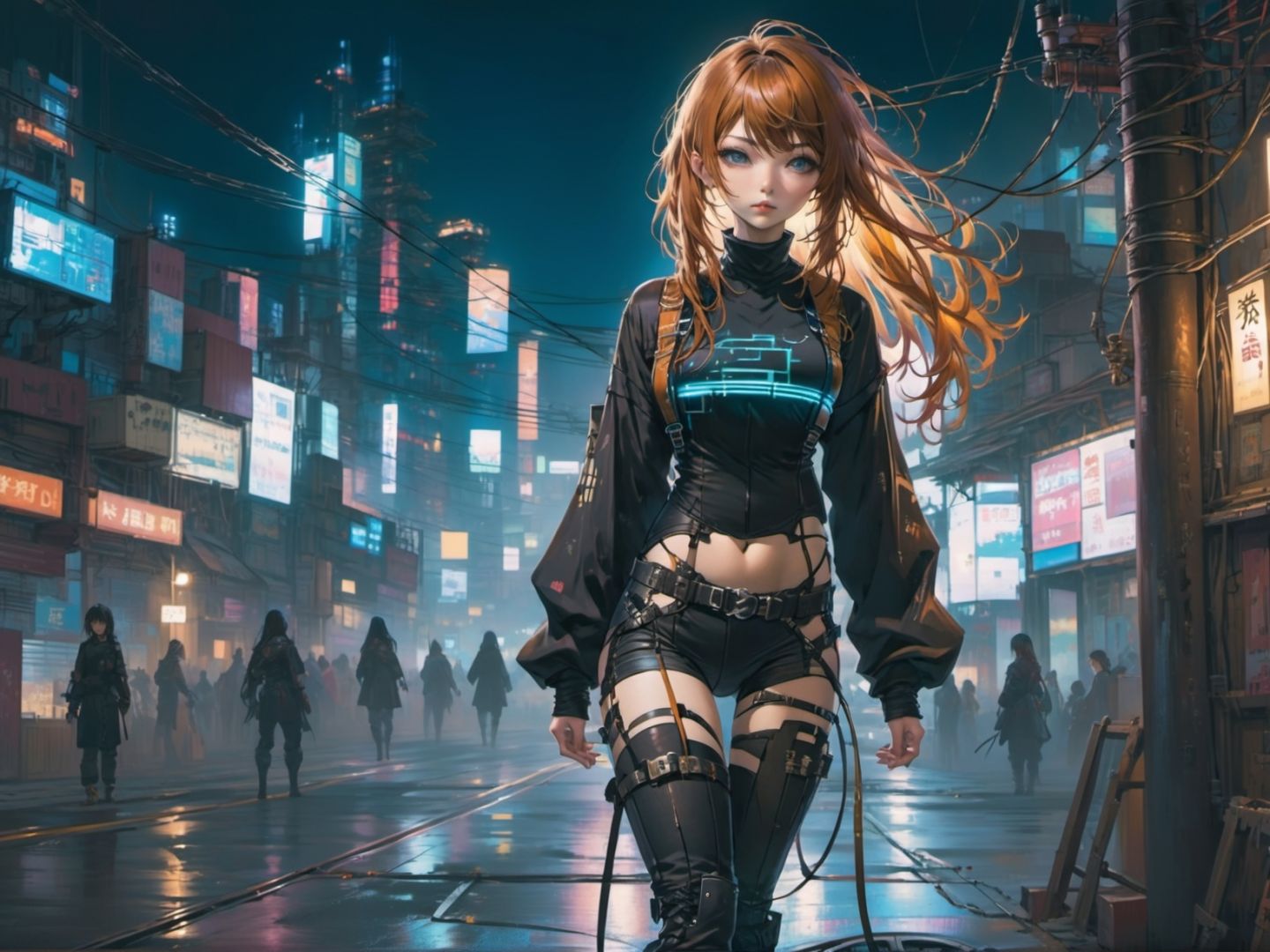 young women,  butterscotch hair, long hair, asymmetrical hair,   bangs,   long-sleeved shirt cropped pants garter straps ,  cyberpunk power lines evening, 