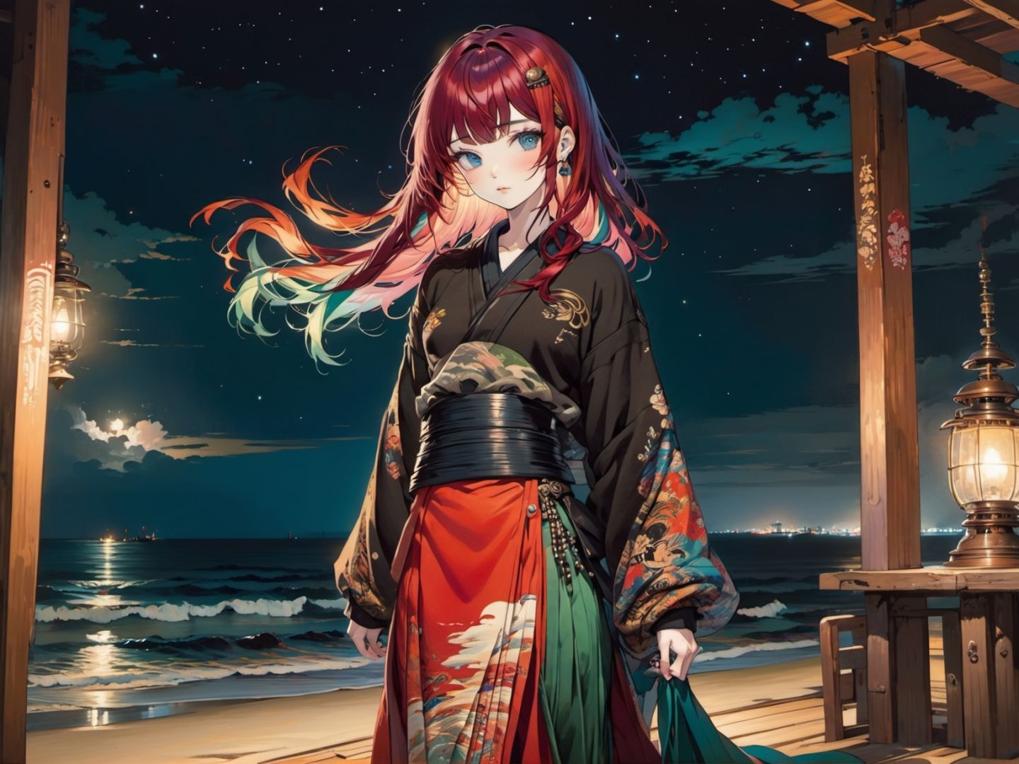 young women,  multicolored hair, absurdly long hair,  single hair, blunt bangs bangs,  ornate sweatshirt hakama skirt bracelets ,  dieselpunk seaside nighttime, 